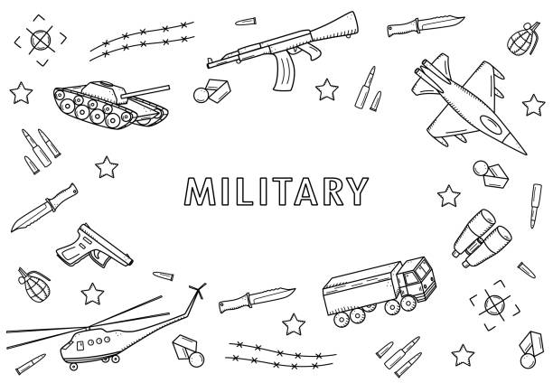 militärische doodle-symbole. vektorillustration einer reihe von militärischer ausrüstung, armeegegenständen. - wire cutter stock-grafiken, -clipart, -cartoons und -symbole