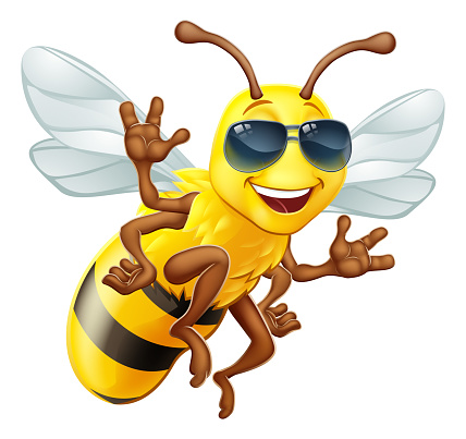 A cool bumble bee cartoon character in sunglasses or shades flying and waving