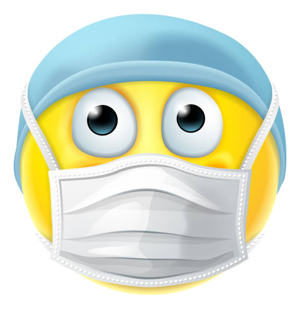 Emoticon Emoji PPE Doctor Nurse Medical Mask Icon An emoticon emoji cartoon face doctor or nurse icon wearing PPE medical mask hospital humor cartoon stock illustrations