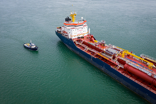 Aerial view of LPG ship tanker transportation crude oil from refinery on the Marmara Sea. Passing under Yavuz Sultan Selim Bridge.