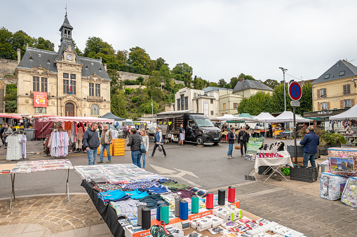 Town Square Market stalls in front of the Hotel de Ville, Chateau Thierry, France