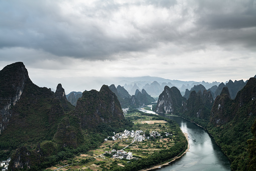 Aerial view of great Landscape at rainy day, Yangshuo Country, Guilin