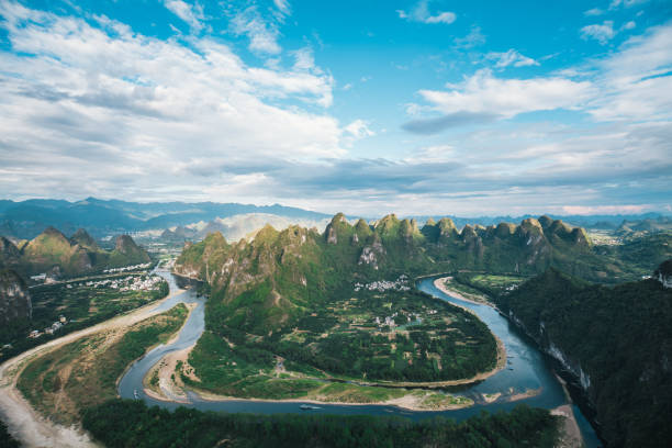 aerial view of great landscape, yangshuo country, guilin - yangshuo imagens e fotografias de stock