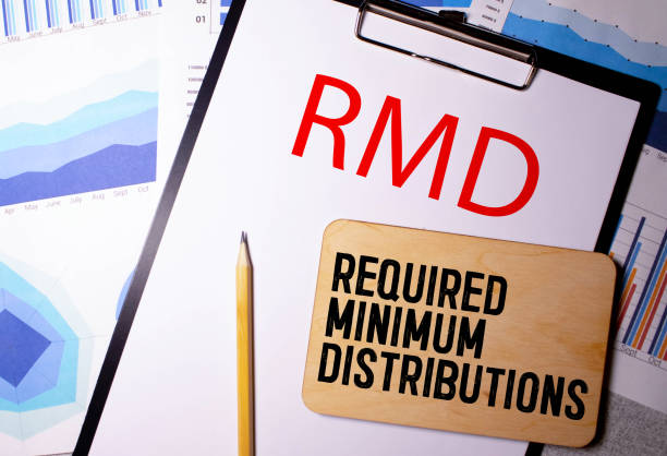 Glasses, magnifier, color charts and a white notepad with text RMD Required minimum Distributions stock photo