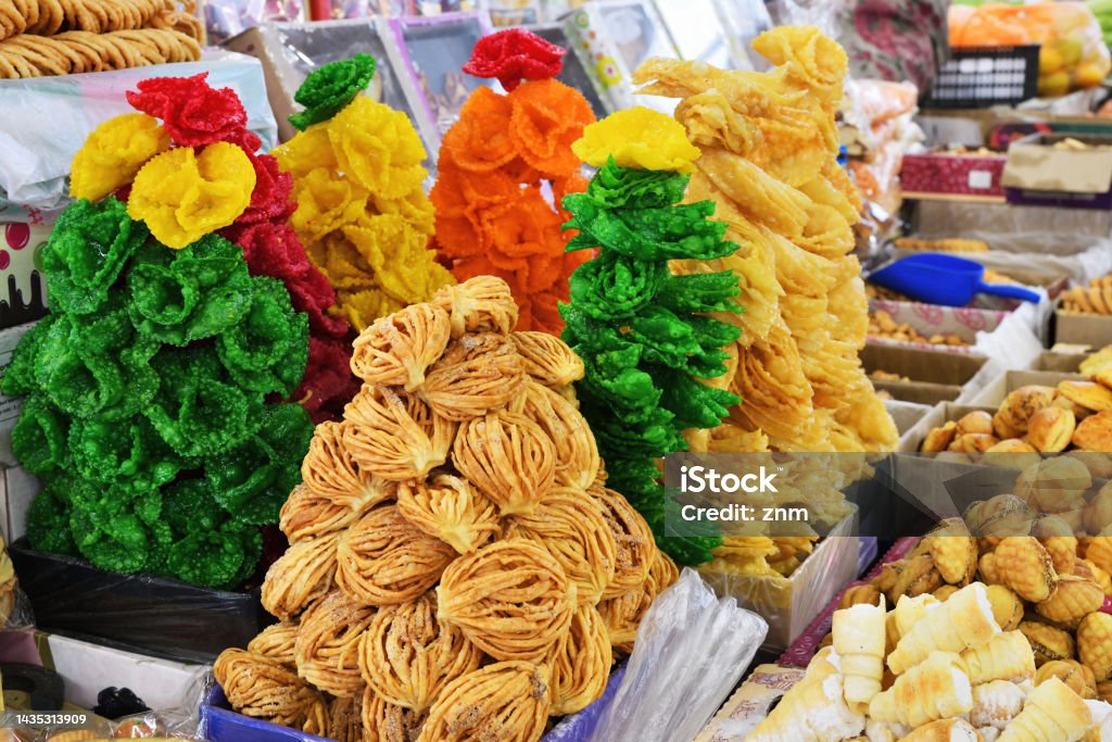 Sweets, Osh market. Kyrgyzstan Various sweets sold in Kyrgyzstan. Central market in Bishkek. Osh open air market Asia Stock Photo