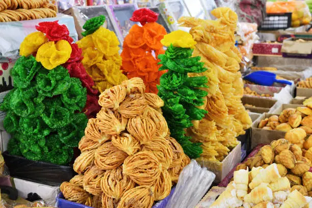 Various sweets sold in Kyrgyzstan. Central market in Bishkek. Osh open air market