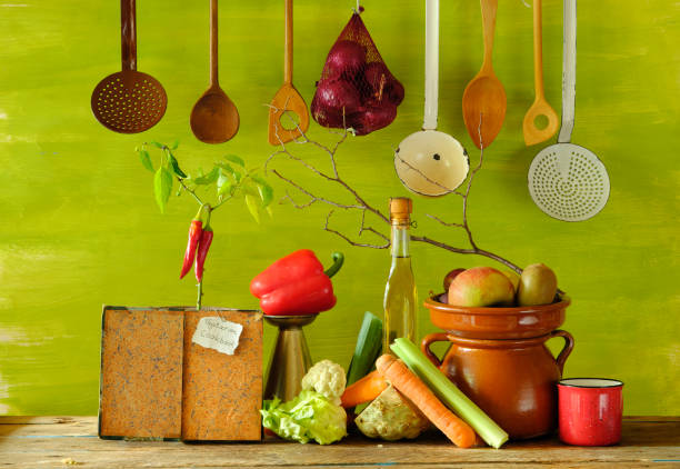 Vegetarian cookbook, fruit,fresh vegetables and kitchen utensils.Healthy eating, dieting, vegetarian food concept. stock photo