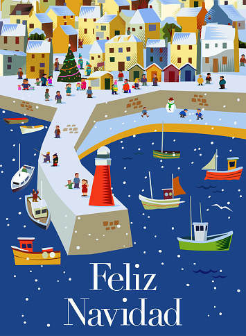 Traditional Coastal village. Happy Holidays, Christmas, Religion, santa claus, Christianity, winter, celebration, festive, holiday, December, Party - Social Event, christmas card,Spanish language, Spanish Culture, Spain