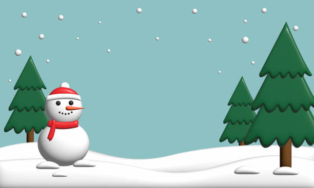 istock Snowman, Christmas trees among the snowy mountains, 3D illustrations 1435317343