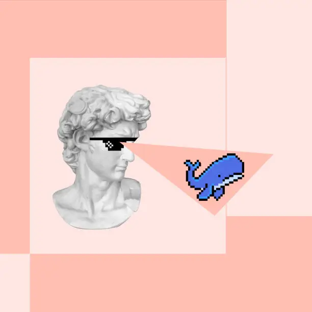 Photo of Contemporary art collage of head statue with glasses and whale.