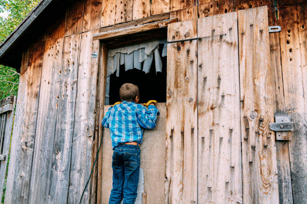 Cute Portrait of an Excited Young Farmer Boy Standing on His Tiptoes Looking into the Chicken Coop on a Small Town Family-Owned Ranch in Colorado, USA Ranch Life still exists! Hard-Working, Strong American People Living and Working “All-Hands-on-Deck” on a Multi-Generational, Family-Owned Ranch in Small Town America in Telluride, near Montrose in the Western Slope of Colorado. winter chicken coop stock pictures, royalty-free photos & images