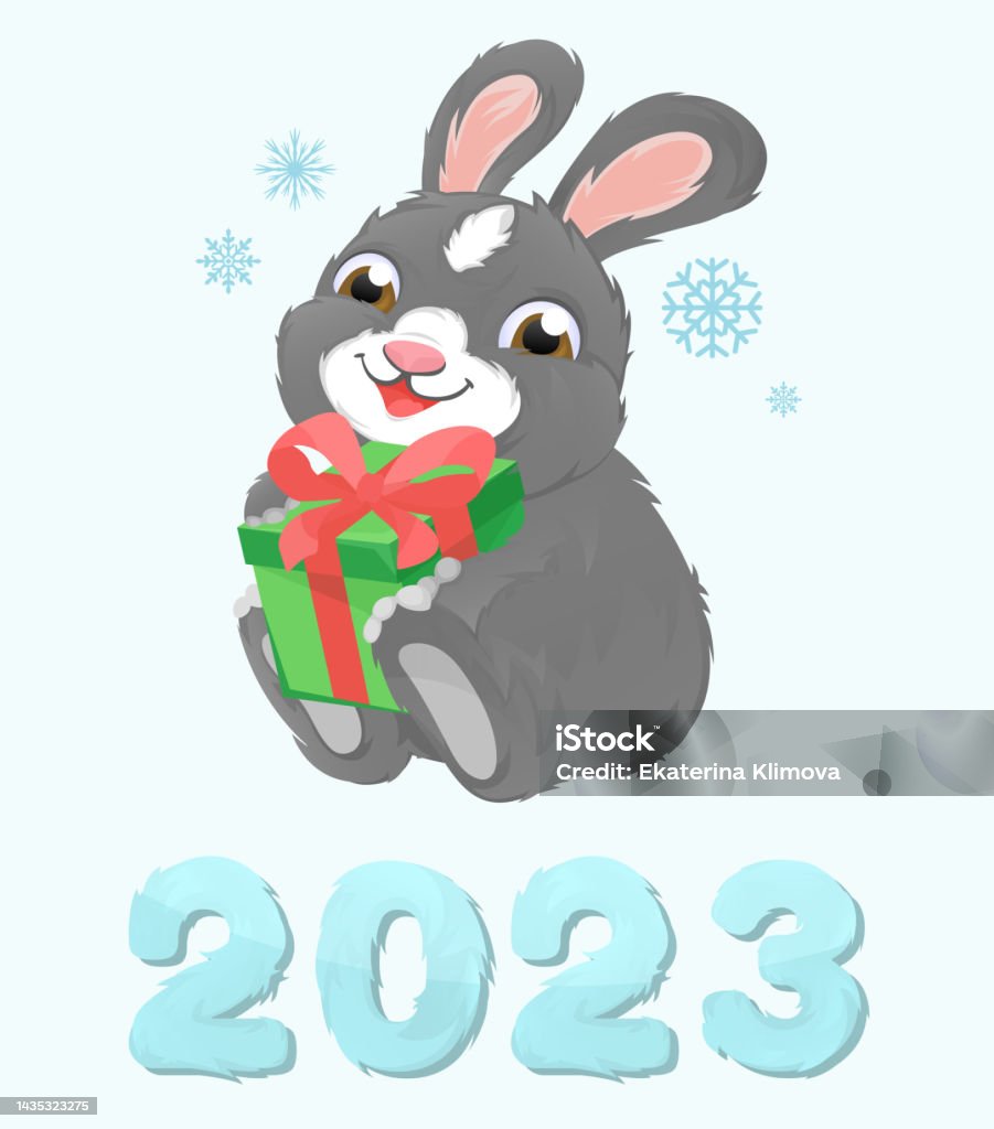 Cute Cartoon Rabbit With A Gift Happy New Year 2023 Stock ...