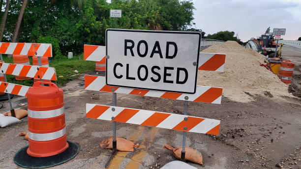 istock Road Closed Sign at Bridge Construction Site 1435325068