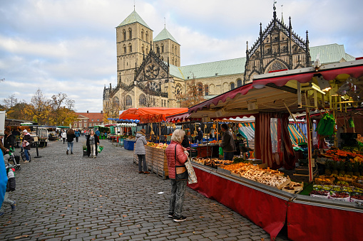 Muenster, Germany, October 19, 2022 - Weekly market on the cathedral square (Domplatz) in Münster, Westphalia.