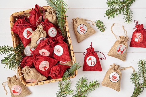 Handmade advent calendar. Gift bags for Xmas. Eco friendly Christmas gifts diy concept