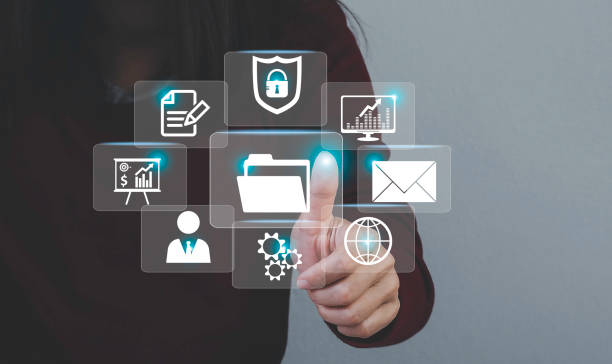 istock woman showing hand touching infographic manage search engine tools optimization : SEO with social media content and advertisement from website. Search Engine Optimization (SEO) concept. 1435335697