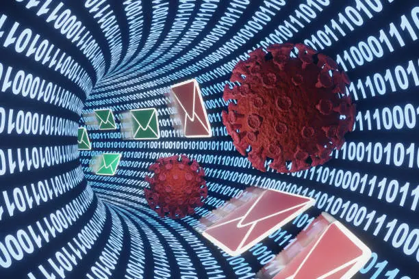 Photo of Green and red mails flowing in a digital binary tunnel. Illustration of the concept of malware attack during email delivery