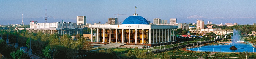 A panoramic shot of the Parliament of the Republic building in Tashkent, Uzbekistan
