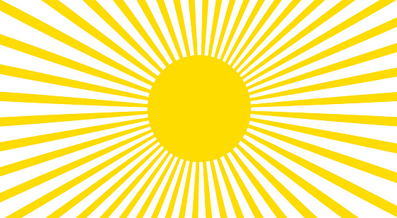 Yellow sun and rays isolated over white background illustration, sunny texture