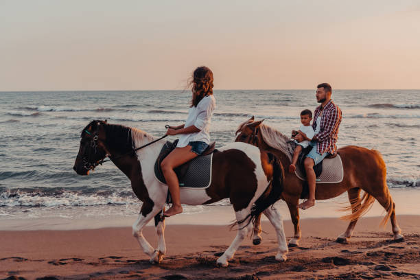 a família passa tempo com seus filhos enquanto cavalgam juntos em uma praia de areia. foco seletivo - silhouette three people beach horizon - fotografias e filmes do acervo