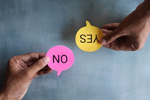 Speech bubble with text YES and NO. Communication conflict, argument and dispute concept