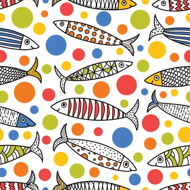 Vector illustration of Cute line sardines and polka dots.  Kids background. Seamless pattern.
