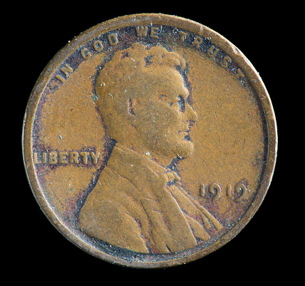 1919 plain US Lincoln cent minted in Philadelphia