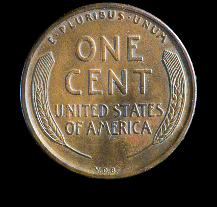 Reverse of 1909 plain US Lincoln cent  showing the VDB marking.