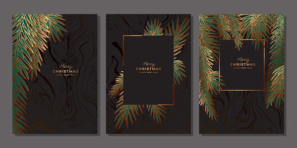 Set of luxury golden Christmas template. Gold christmas tree, pine branches. Vertical black poster background with marble texture