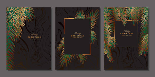 Set of luxury golden Christmas template. Gold christmas tree, pine branches Set of luxury golden Christmas template. Gold christmas tree, pine branches. Vertical black poster background with marble texture tropical elegance stock illustrations
