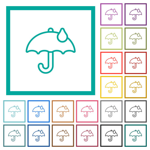 Umbrella with single raindrop outline flat color icons with quadrant frames Umbrella with single raindrop outline flat color icons with quadrant frames on white background aegis stock illustrations
