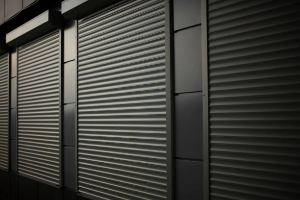 Closed shop. Steel blinds. Blinds on office windows.