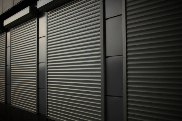 Closed shop. Steel blinds. Blinds on office windows. stock photo