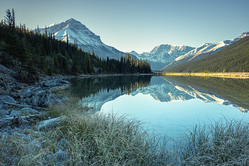 Snow capped Mountains reflecting in the lake in Jasper National Park, Canadian Rockies, Canada