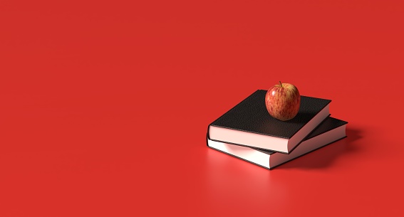Reading books and apple on red background student study classroom