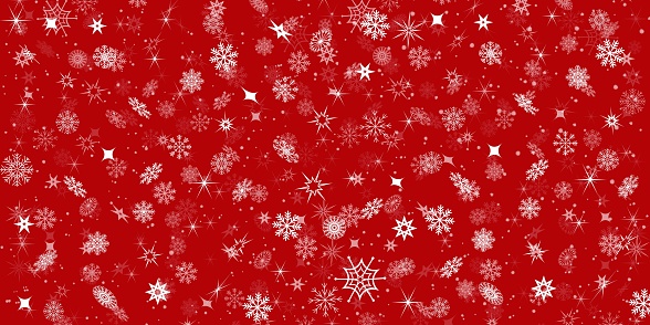 Falling white snowflakes on a red background. Concept of new year, christmas