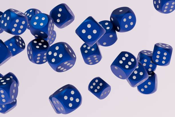 istock the concept of board games. blue dice with white dots scattered on a white background. 3D render 1435350659