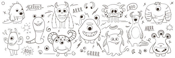 vektorsatz der illustration von monstern im doodle-stil. malvorlage. - hairy animal hair fantasy monster stock-grafiken, -clipart, -cartoons und -symbole