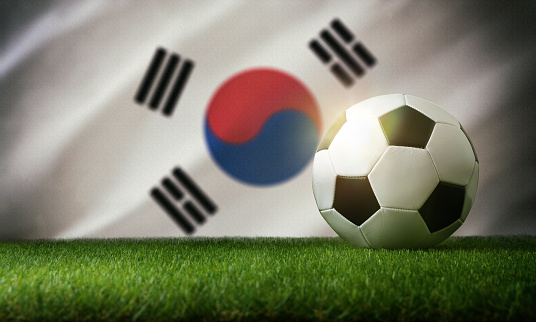 South Korea national team composition with classic ball on grass and flag in the background. Front view.