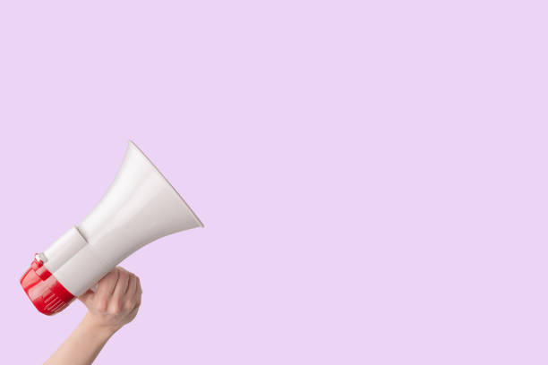 istock Megaphone in woman hands on a pink background. 1435356438