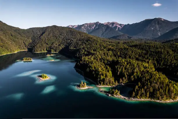 Aerial drone picture of Eibsee in Bavaria, Germany . High quality photo