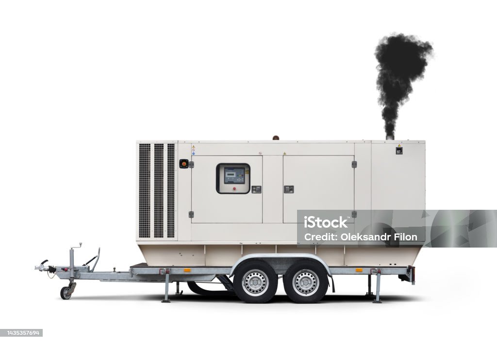 Trailer Diesel Generator in operation Trailer Diesel Generator in operation isolated on white background Generator Stock Photo