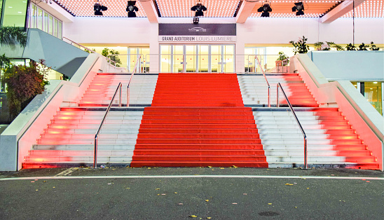 Cannes, France - November 4 2019: famous red carpet and steps leading to the Grand Auditorium Louis Lumiere at Palais Des Festivals.