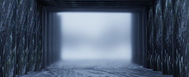 Mystical foggy portal with columns background. Corridor with 3d render of marble black semicircular walls and transparent smoky gates to multiverse