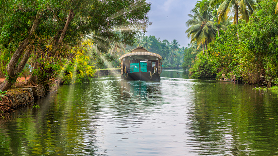 Houseboat navigating on the Kerala Backwaters in South India.