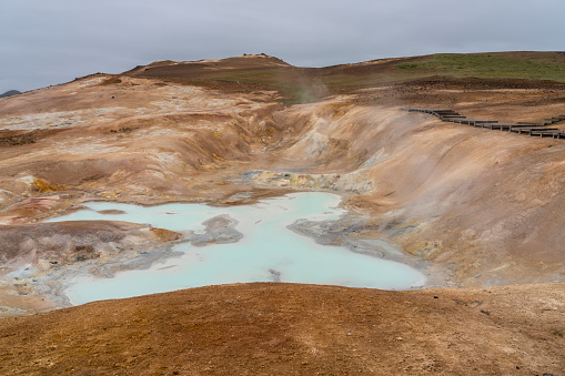 Icelandic landscape with steaming geysers