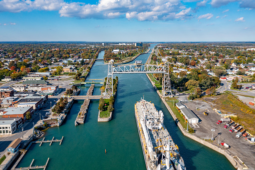 Aerial view Clarence Street Bridge and Welland Canal, Port Colborne, Canada