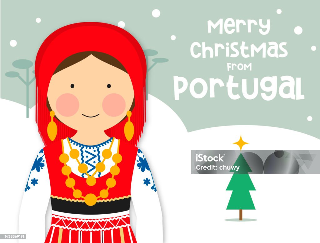 Christmas greeting card traditional costume girl Portugal Christmas greeting card with Portuguese girl in traditional costume. Vector file with elements grouped in different layers for easy edition. Portuguese Culture stock vector