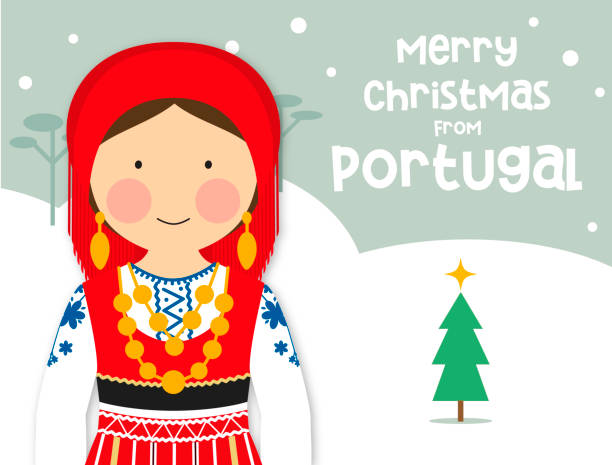 Christmas greeting card traditional costume girl Portugal vector art illustration