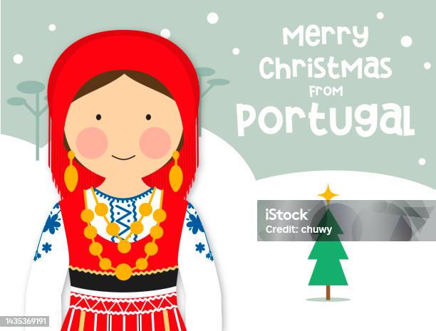 Christmas Greeting Card Traditional Costume Girl Portugal Stock Illustration - Download Image Now